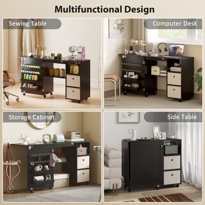 HOMCOM Rolling Sewing Machine Table with Power Outlet, Folding Craft Table with 2 Fabric Drawers, 2 Bins and 18 Pegs, White