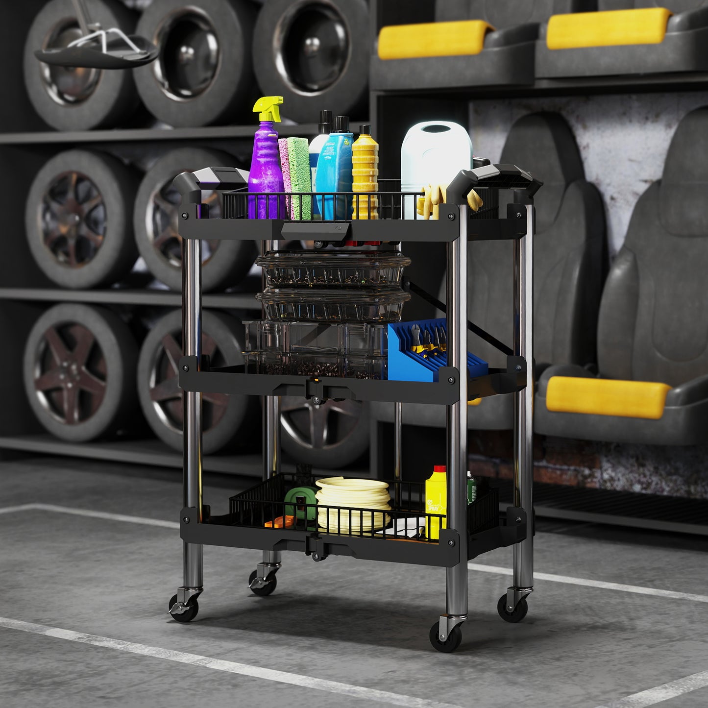 HOMCOM 3-Tier Collapsible Tool Cart with Wheels, 150 LBS Capacity Folding Utility Cart with Handles for Garage Workshop, Black