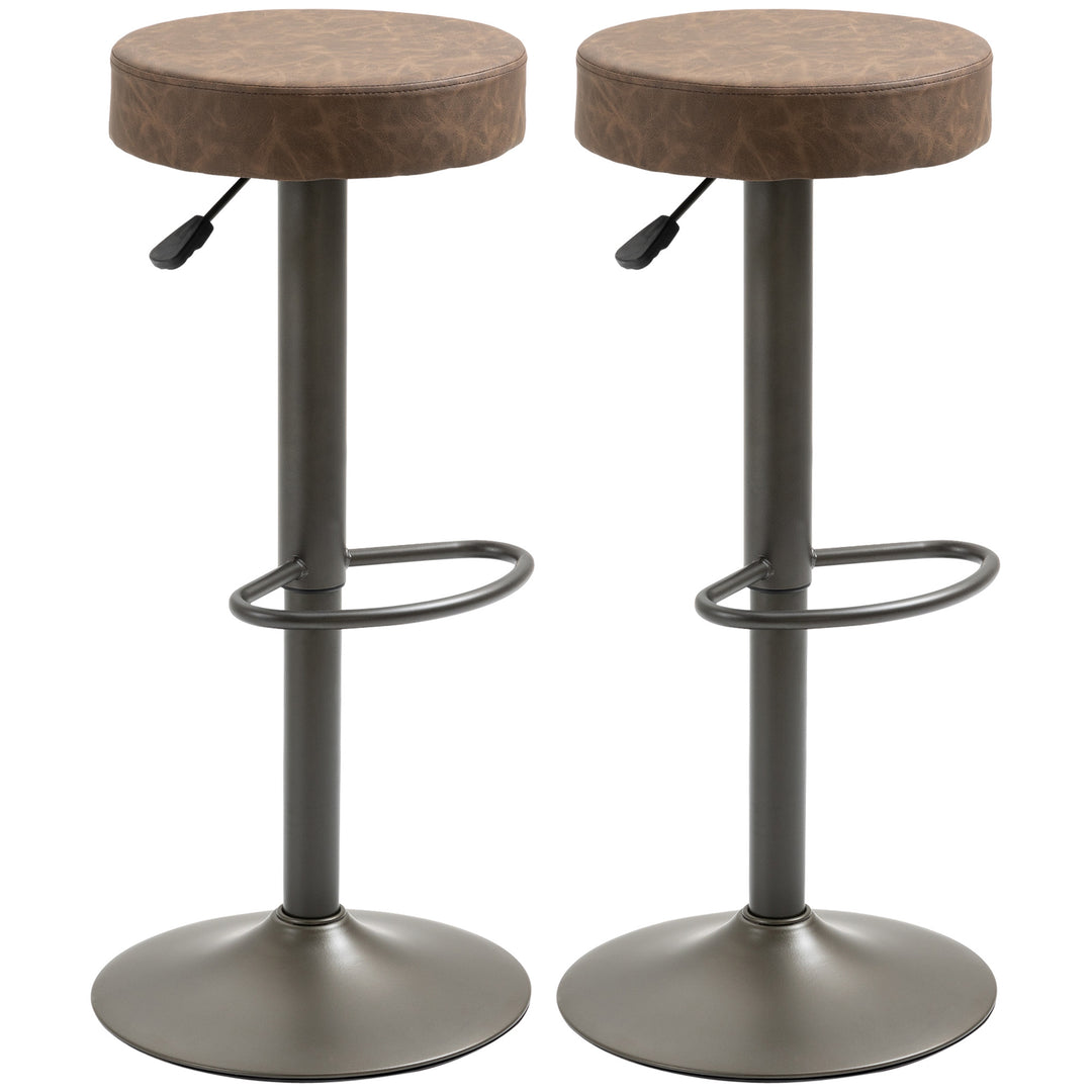 HOMCOM Modern Adjustable Bar Stools Set of 2, Swivel Barstool with Footrest, PU Leather Round Top for Kitchen, Brown