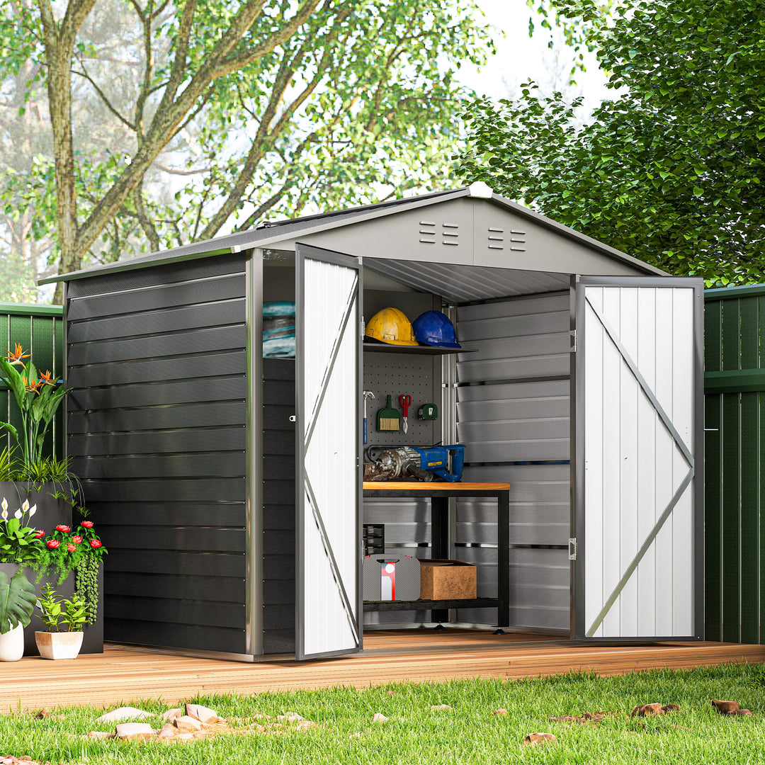 Outsunny 8' x 6' Outdoor Storage Shed, Metal Garden Shed with 2 Windows, 4 Vents, Lockable Doors and Gloves, Dark Grey
