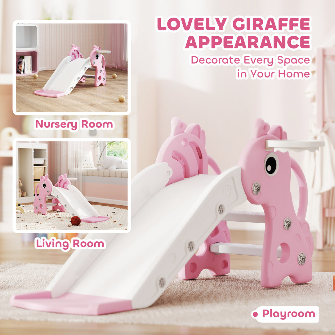 Qaba 3 in 1 Toddler Slide for Age 1-3, Kids Slide with Climber, Basketball Hoop and Ball, Giraffe Design, Blue