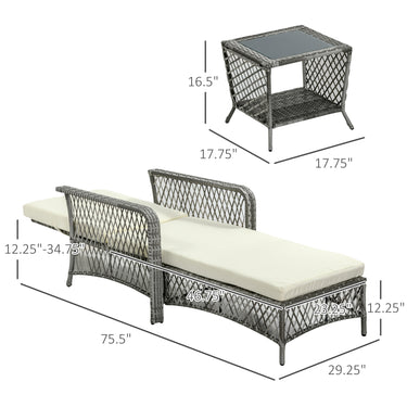 Outsunny 2 Pieces Wicker Patio Lounge Set w/ Cushions, Outdoor PE Rattan Sun Lounger Sets w/ 5-Level Reclining Chaise Chair & Two-tier Glass Top Coffee Table, Cream White