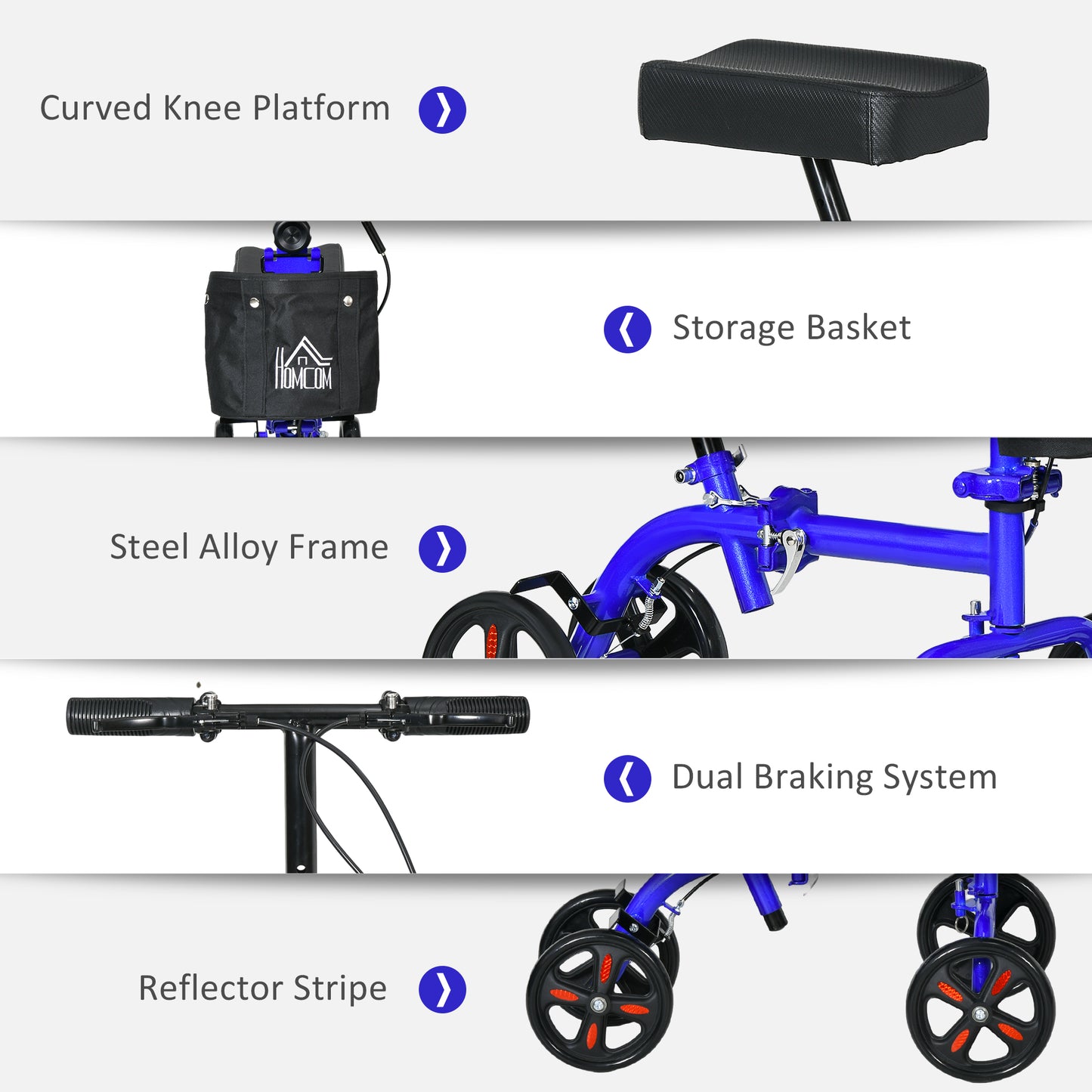 HOMCOM Steerable Knee Walker, Foldable Knee Scooter with Dual Braking System, Adjustable Height, Crutch Alternative, Red