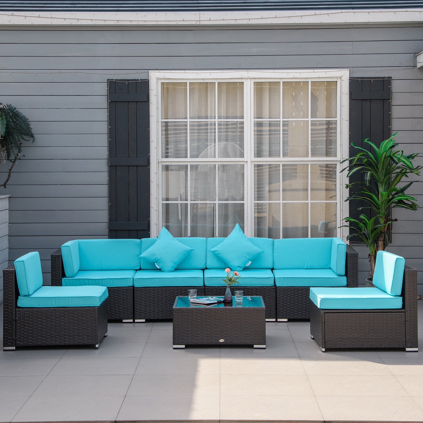 Outsunny 7 Pieces Outdoor Rattan Furniture Set, Patio Wicker Sectional Conversation Sofa Set, Blue