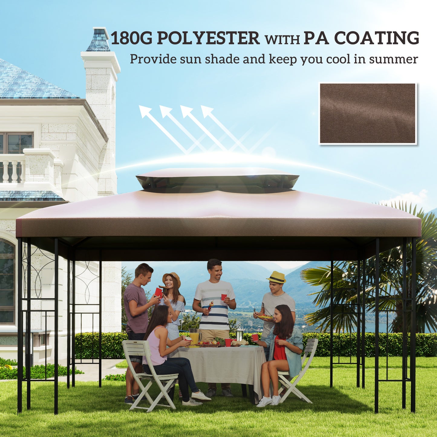 Outsunny 13' x 10' Gazebo Replacement Canopy, 2 Tier Top Roof Garden Pavilion UV Cover, Brown (TOP ONLY)