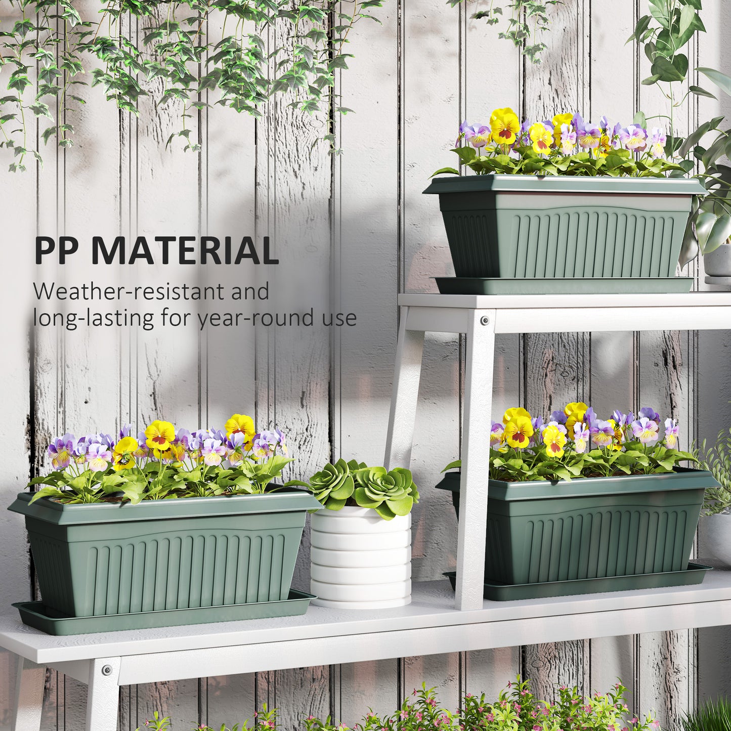 Outsunny 7 Pack 15.7" Plastic Flower Planters with Drainage Holes and Trays, Plant Pots for Indoor Outdoor Plants, Green