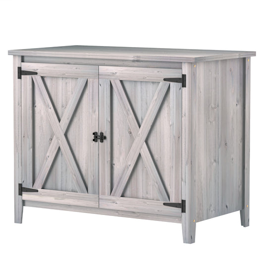 Outsunny Wooden Outdoor Storage Cabinet, Garden Shed Potting Shed with Shelf and Double Doors, Light Grey