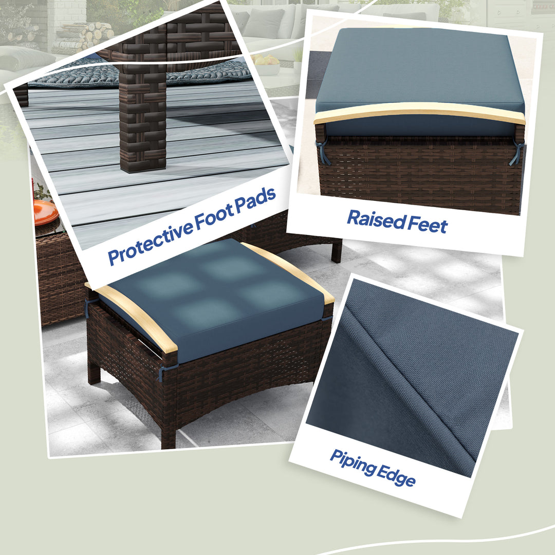 Outsunny 2 Pieces Wicker Outdoor Ottoman with Removable Cushion, Rattan Outdoor Footstool, Footrest and Side Table, Blue