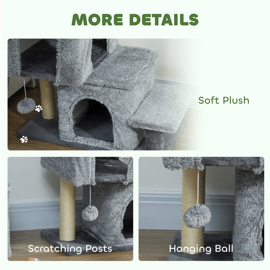 PawHut 4-Step Pet Stairs, Adjustable Height Cat Stairs with Scratching Posts Cat Condo, Hanging Ball for High Bed, Grey