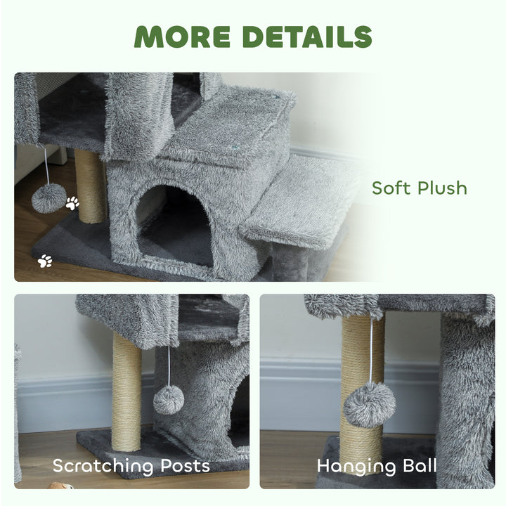 PawHut 4-Step Pet Stairs, Adjustable Height Cat Stairs with Scratching Posts Cat Condo, Hanging Ball for High Bed, Grey