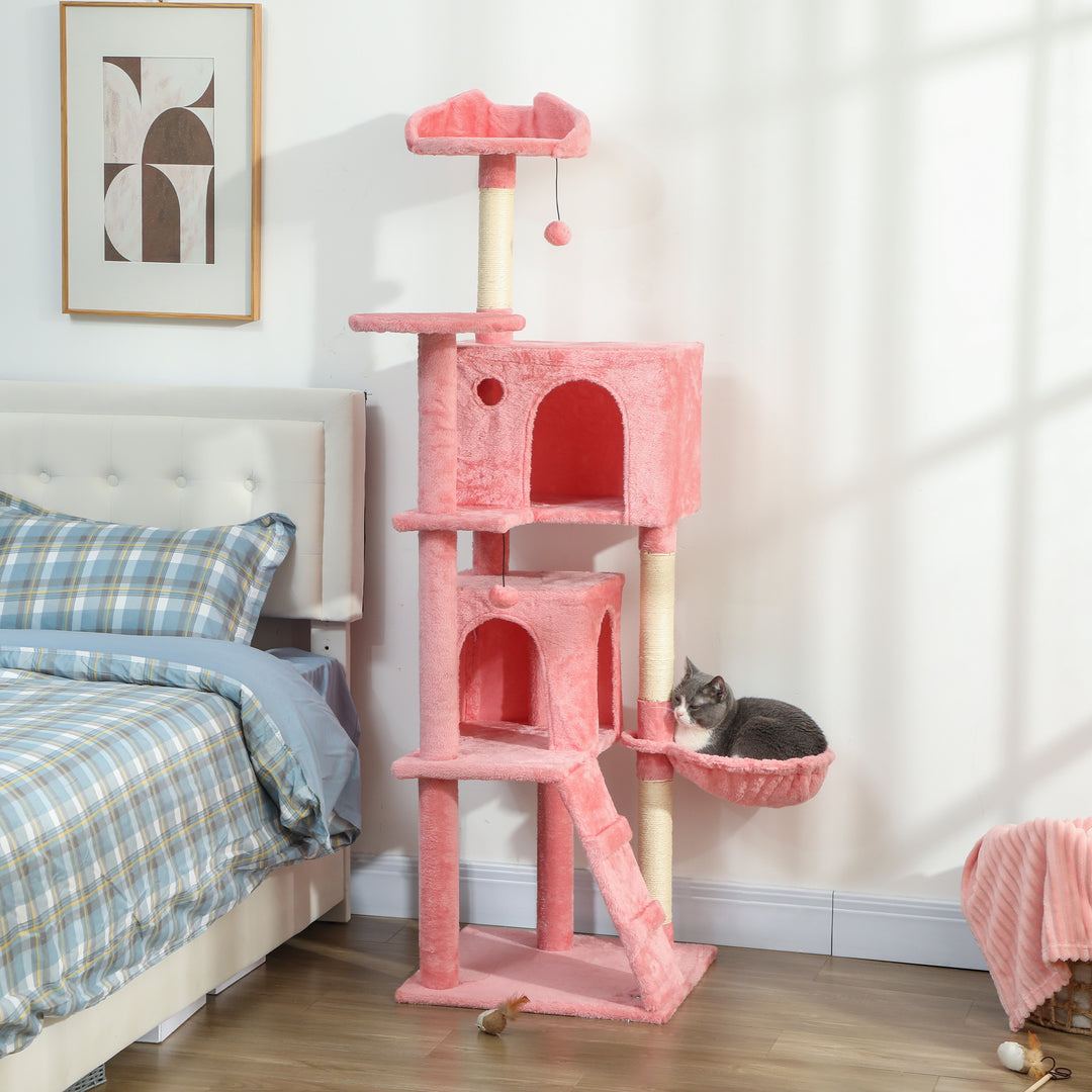 PawHut 63 Inch Cat Tree with Sisal Scratching Posts, Condos, Plush Perches, Hammock, Ladder, Dangling Balls, Pink