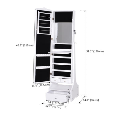 HOMCOM Standing Jewellery Cabinet Organizer Jewellery Armoire with LED Lights, Full Length Mirror, Adjustable Angle, White