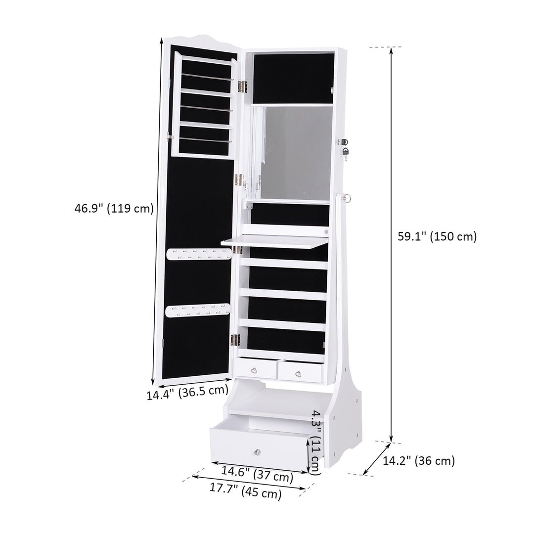 HOMCOM Standing Jewellery Cabinet Organizer Jewellery Armoire with LED Lights, Full Length Mirror, Adjustable Angle, White