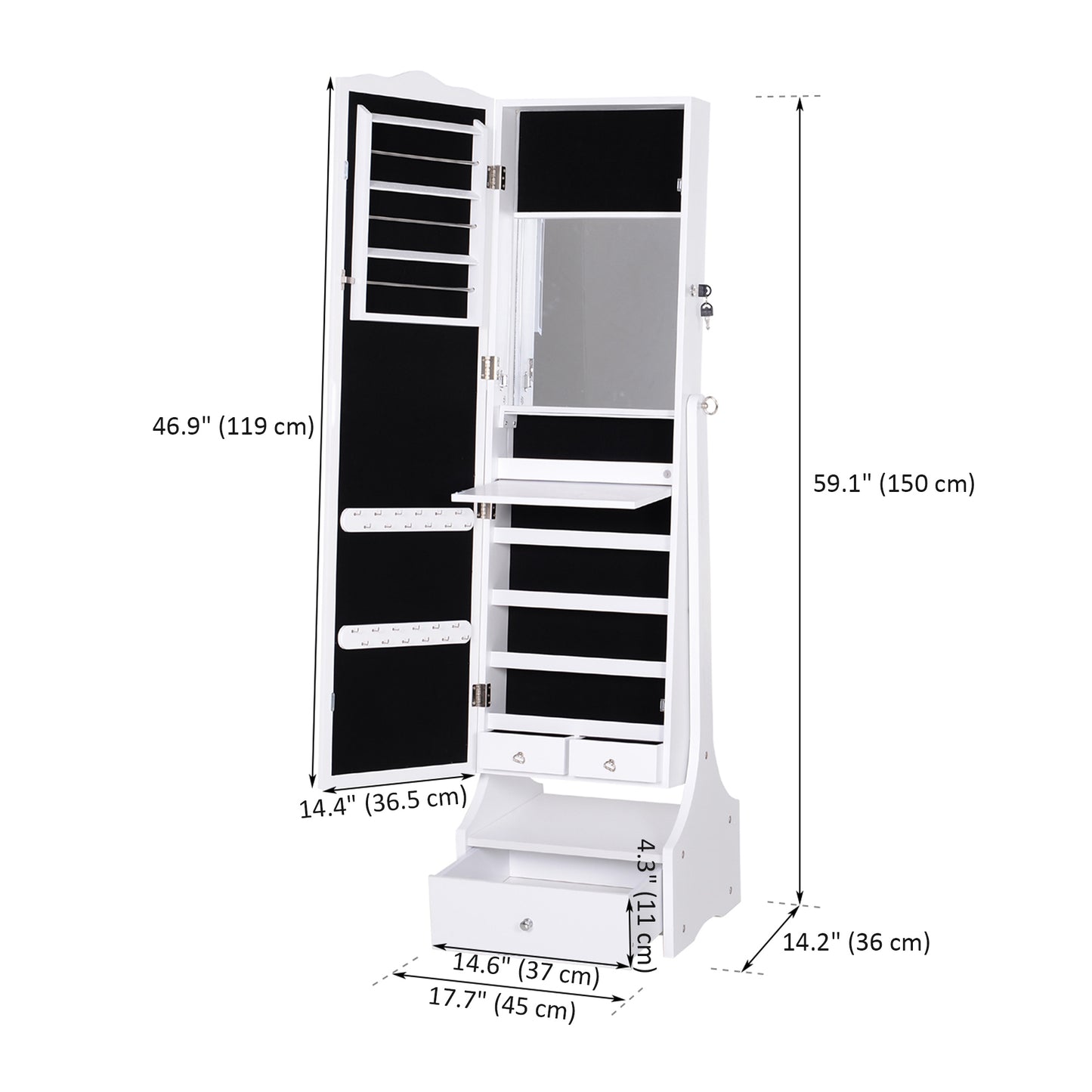 HOMCOM Standing Jewelry Cabinet Organizer Jewelry Armoire with LED Lights, Full Length Mirror, Adjustable Angle, White