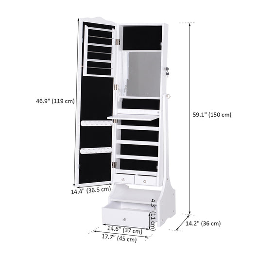 HOMCOM Standing Jewelry Cabinet Organizer Jewelry Armoire with LED Lights, Full Length Mirror, Adjustable Angle, White