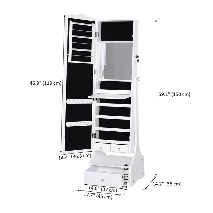 HOMCOM Standing Jewellery Cabinet Organizer Jewellery Armoire with LED Lights, Full Length Mirror, Adjustable Angle, White