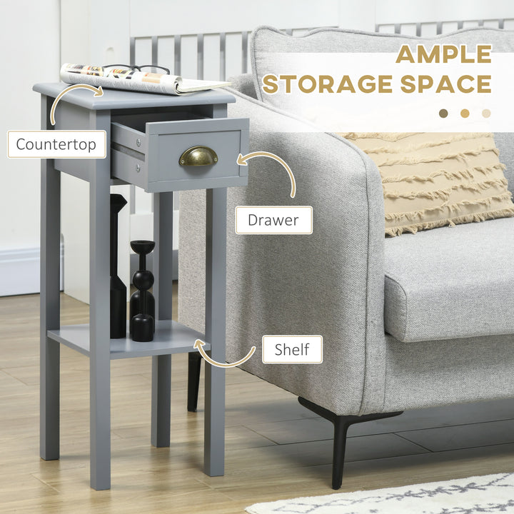 HOMCOM 2 Tier Side Table, Set of 2, Narrow Tall End Table with Drawer and Shelf, Slim Wooden Nightstand for Living Room, Bedroom, Hallway, White