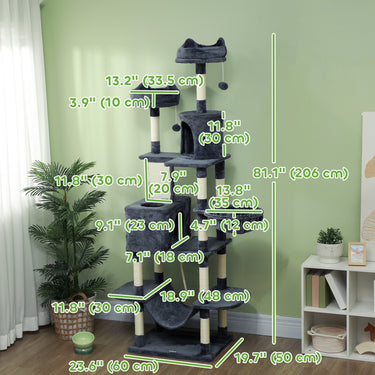 PawHut 81" Large Cat Tree w/ Scratching Posts, Condos, Beds, Hammocks, Jumping Platforms, Toy Balls, Rope Cat Toy, Dark Grey