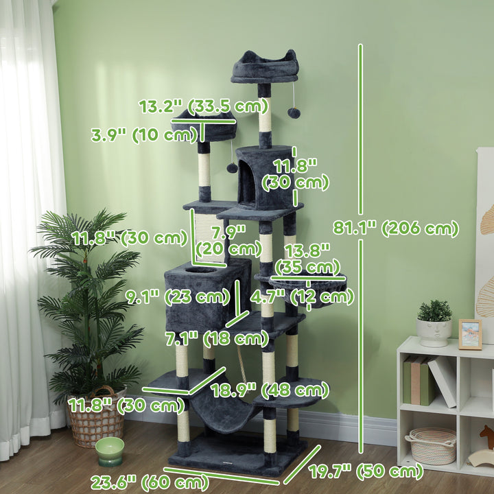 PawHut 81" Large Cat Tree w/ Scratching Posts, Condos, Beds, Hammocks, Jumping Platforms, Toy Balls, Rope Cat Toy, Dark Grey