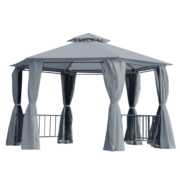 Outsunny 13ft Hexagon Gazebo Outdoor Canopy Shelter with Netting and Shaded Curtains Beige