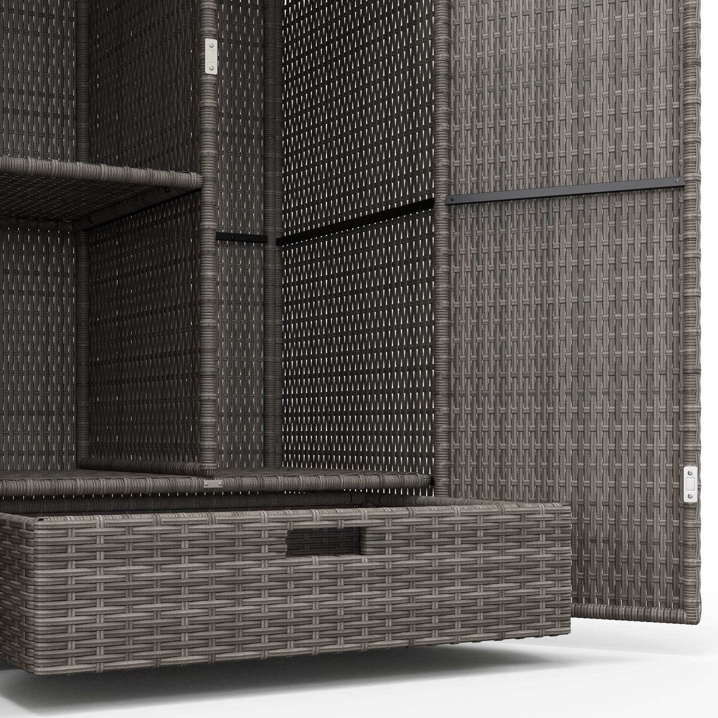 Outsunny Wicker Outdoor Storage Cabinet, 2-Door Rattan Pool Towel Storage Cabinet with Drawer & Removable Shelf, Dark Grey