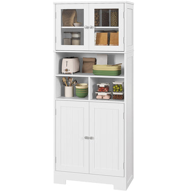 HOMCOM 57" Kitchen Pantry, Freestanding Pantry Storage Cabinet with Glass Doors, Adjustable Shelves, Open Compartments, White