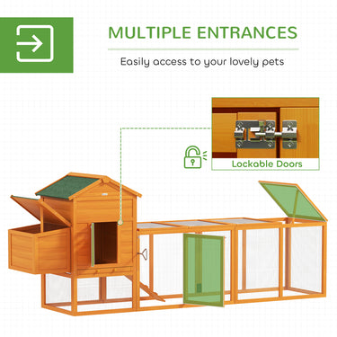 PawHut 117" Extra Large Chicken Coop with Asphalt Roof, Wooden Hen House with Slide-out Tray, Quail Hutch with Nesting Box, Orange