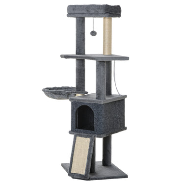 PawHut 50 Inch Cat Tree, Multi-Level Cat Tower with Sisal Scratching Posts and Ramp, Bed, Condo, Hammock, Toy Ball, Grey
