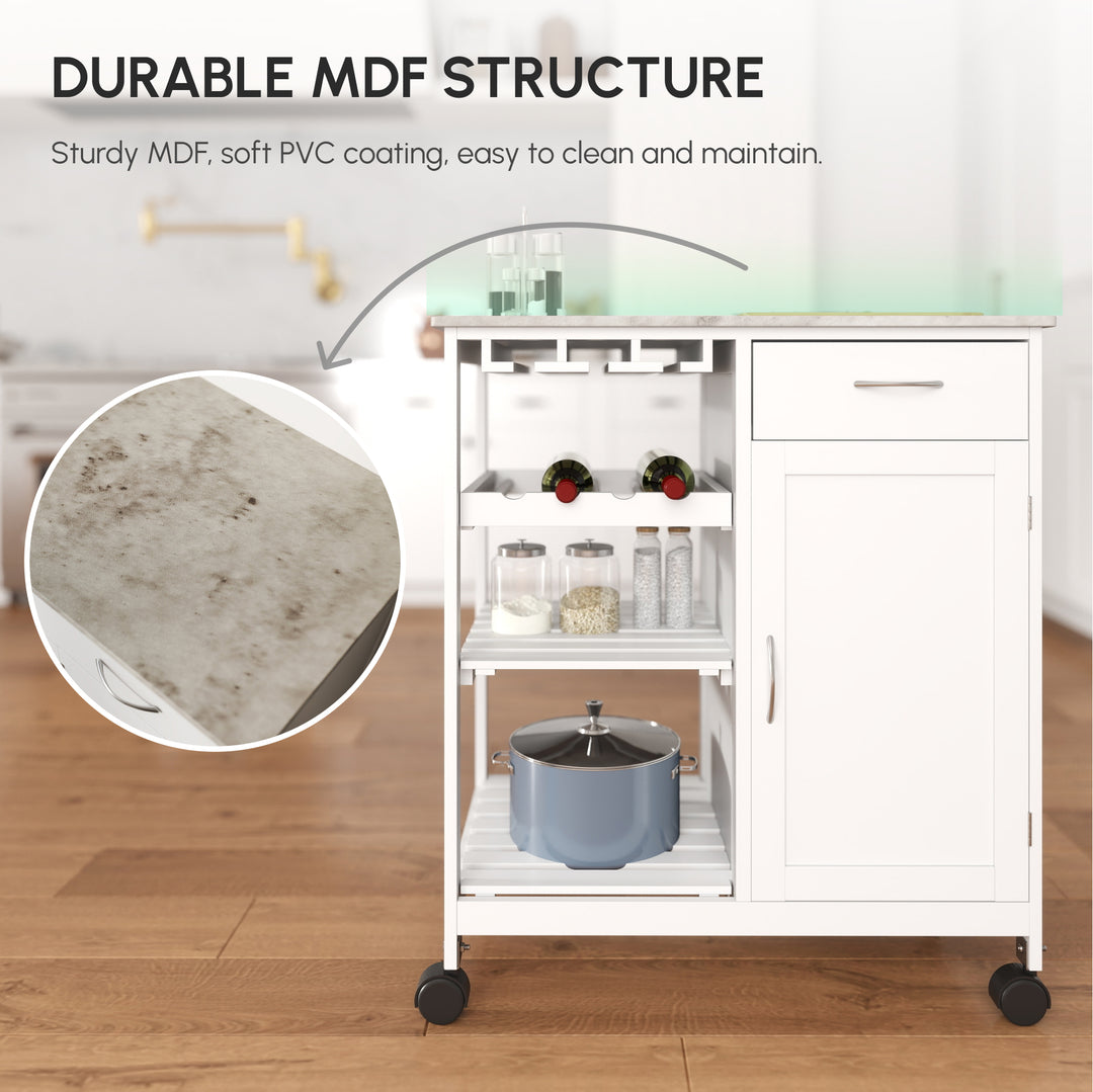 HOMCOM Rolling Kitchen Cart, Bar Cart on Wheels with Wine Rack, Drawer, Open Shelves, Cabinet and Faux Marble Top, Kitchen Island with Storage, White
