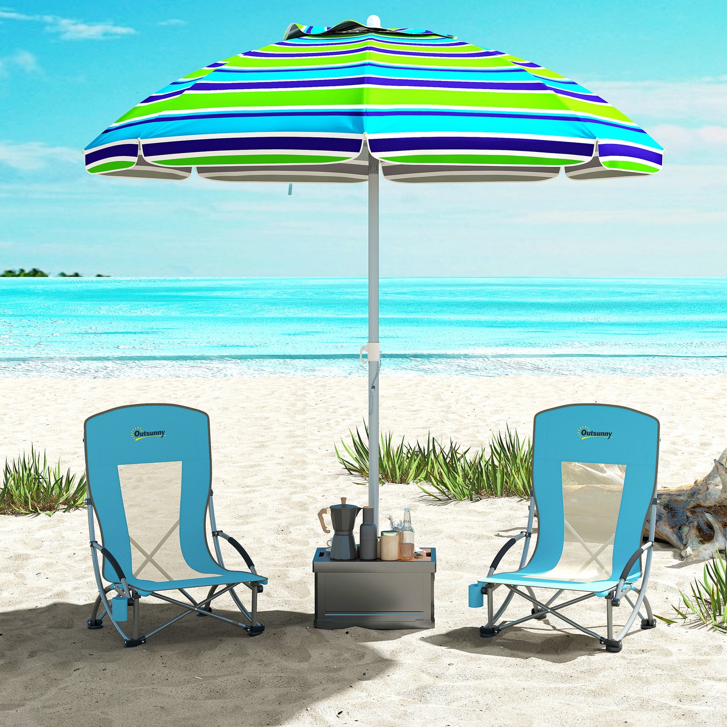 Outsunny Set of 2 Folding Beach Chairs with Mesh Back, Carry Bag and Cup Holder for Outdoor Camping Lawn, 22.8" x 21.7" x 24.4"