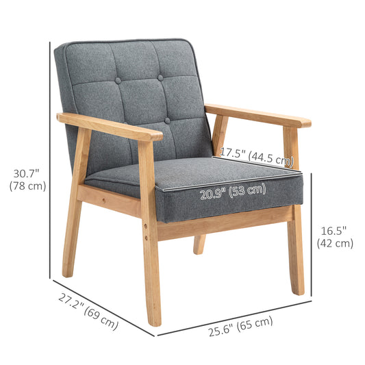 HOMCOM Modern Accent Chair with Button Tufted Back, Line-feel Fabric Armchair with Solid Wood Frame for Bedroom, Grey