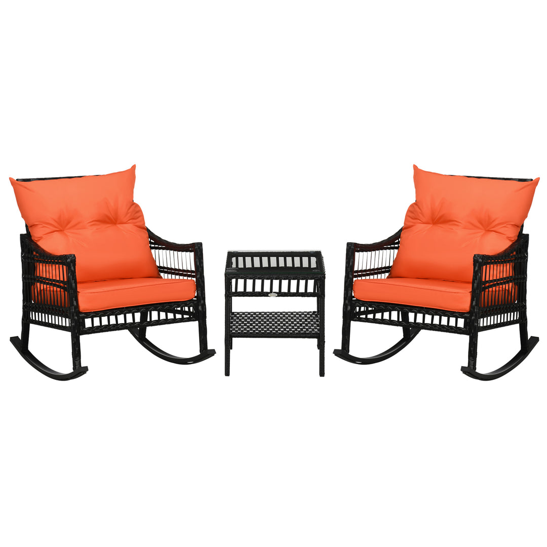 Outsunny 3 Pieces Outdoor PE Rattan Rocker Chair Set, Rocking Chair with Tempered Glass Table Top,25"x26"x28", Orange