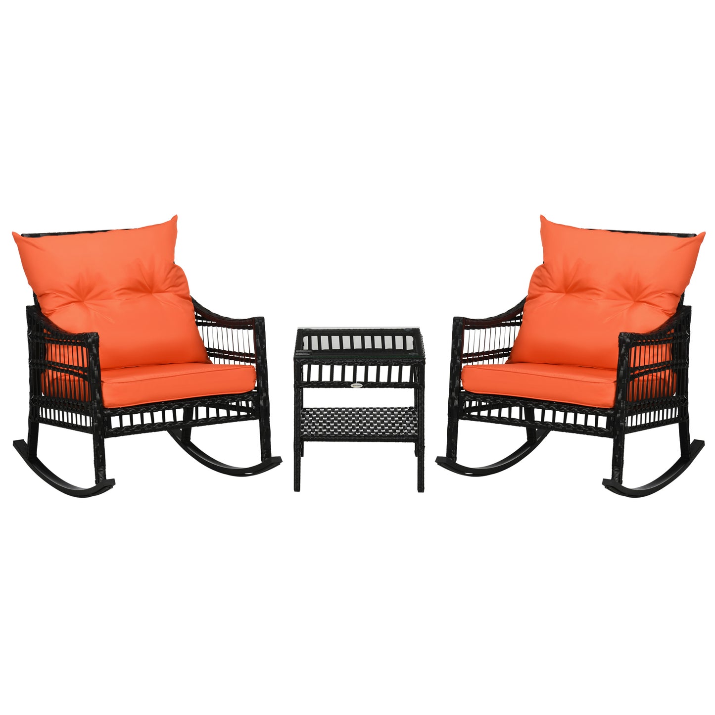 Outsunny 3 Pieces Outdoor PE Rattan Rocker Chair Set, Rocking Chair with Tempered Glass Table Top,25"x26"x28", Turquoise Green