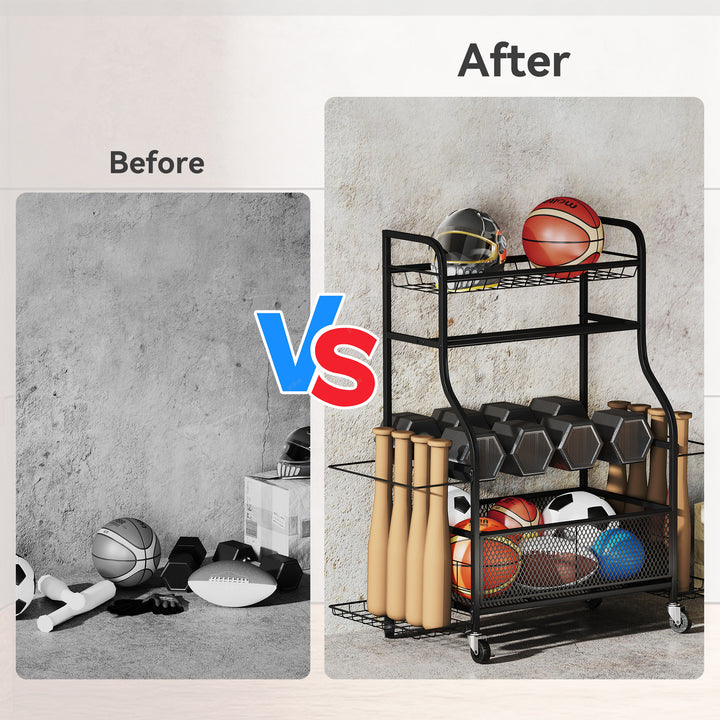 Soozier Garage Sports Equipment Organizer, Rolling Home Gym Storage Rack with Wheels, Dumbbell Rack and Ball Storage Holder