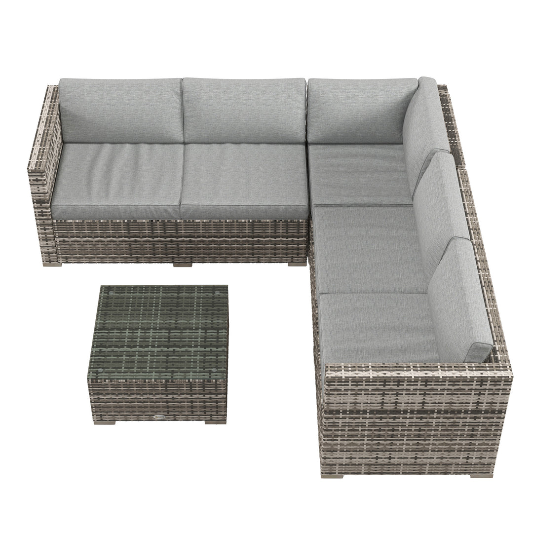 Outsunny 4 Pieces Rattan Wicker Outdoor Conversation Furniture Set w/ Corner Sofa Loveseats Coffee Table Cushions, Mixed Grey