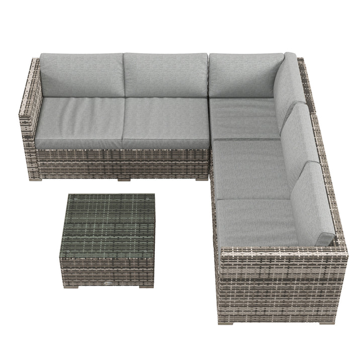 Outsunny 4 Pieces Rattan Wicker Outdoor Conversation Furniture Set w/ Corner Sofa Loveseats Coffee Table Cushions, Mixed Grey