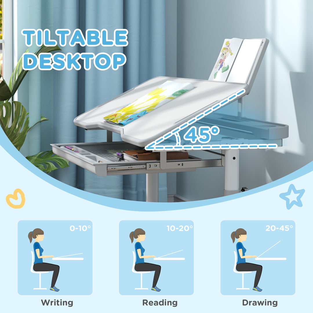 Qaba Height Adjustable Kids Desk and Chair Set with Tilt Desktop, Large Writing Board, Storage Drawer, Book Stand, Blue