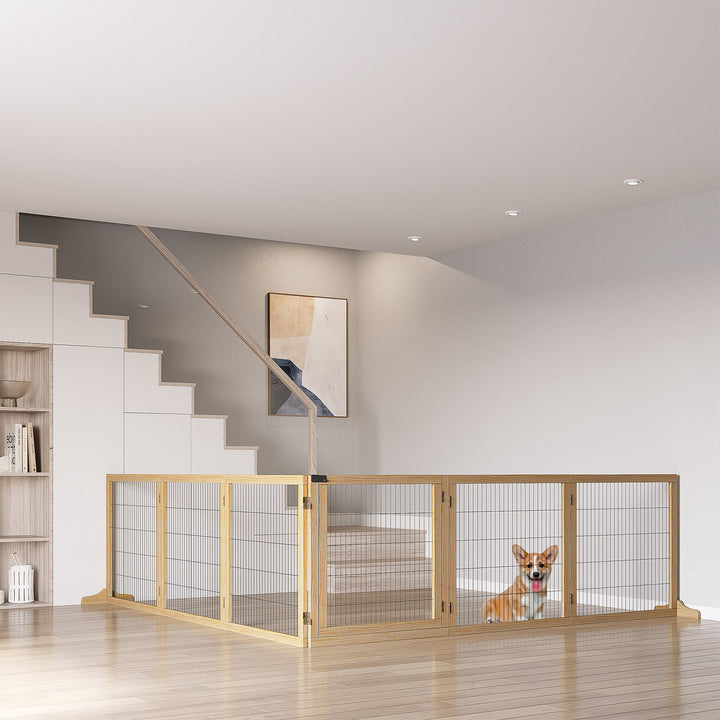 PawHut Wooden Pet Gate, Dog Safety Barrier, Freestanding Foldable Fence, w/ 6 Panels, 2 Support Feet, for House Doorway Stairs, Small & Medium Dogs, Coffee