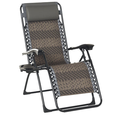 Outsunny Wicker Folding Lounge Chair with Adjustable Backrest, Rattan Recliner Chair with Headrest & Side Table Tray, Grey