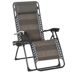 Outsunny Wicker Folding Lounge Chair with Adjustable Backrest, Rattan Recliner Chair with Headrest & Side Table Tray, Grey