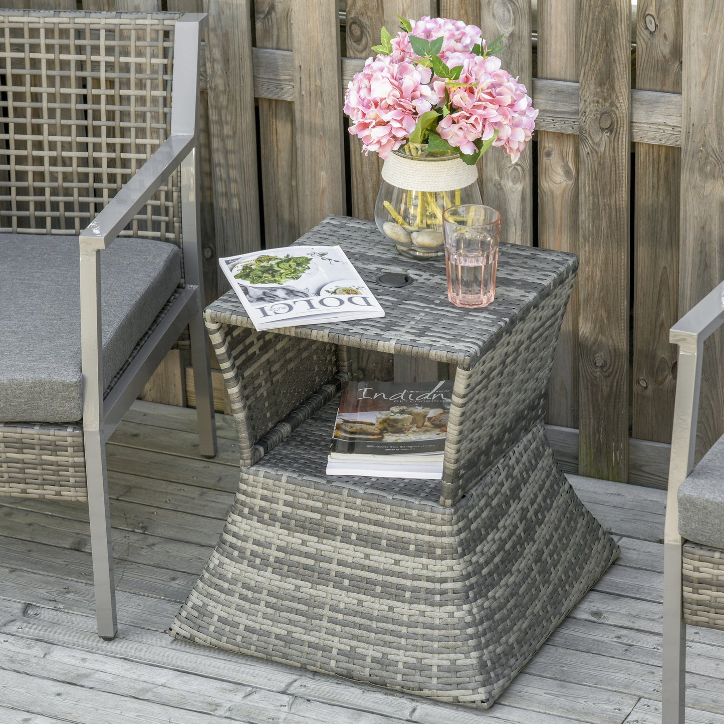 Outsunny Rattan Wicker Side Table, 21.3" Square Outdoor End Table with Umbrella Hole 2-Tier Storage for Patio Garden Mixed Brown