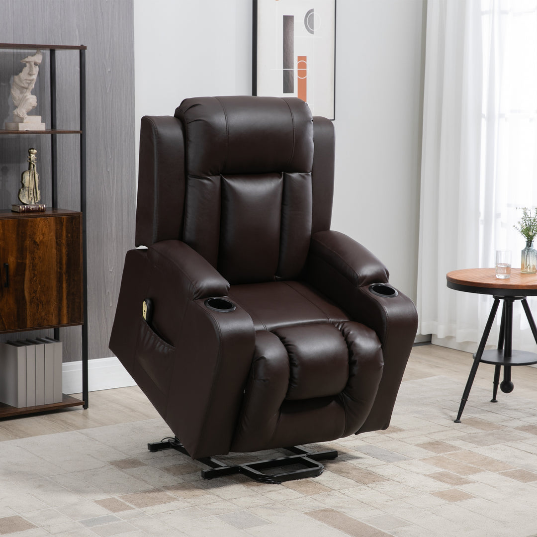 HOMCOM Electric Power Lift Chair, PU Leather Recliner Sofa with Footrest, Remote Control and Cup Holders, Brown