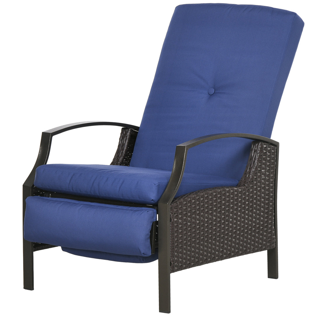 Outsunny Outdoor Rattan Recliner Chair, Wicker Reclining Chair with Adjustable Back Retractable Footrest Cushion Dark Blue