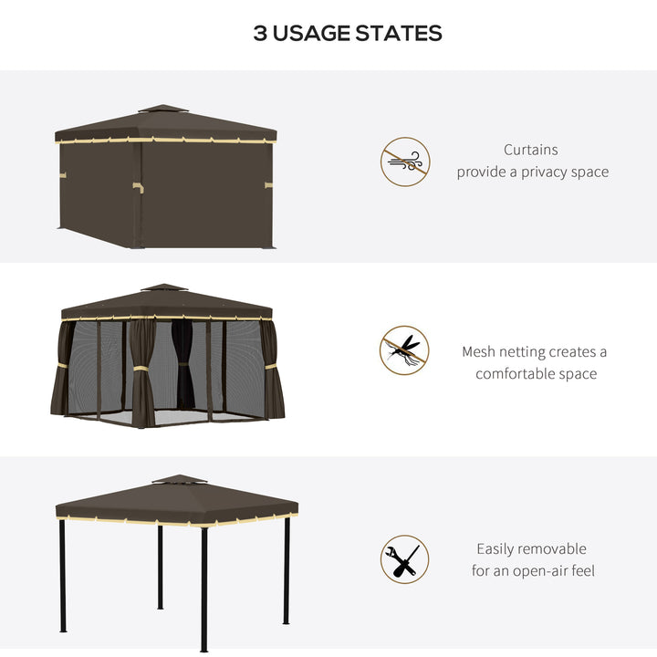 Outsunny 10' x 10' 2-Tier Outdoor Gazebo Canopy Tent with Zippered Mesh Sidewalls, Aluminum Frame for Patio, Backyard, Beige