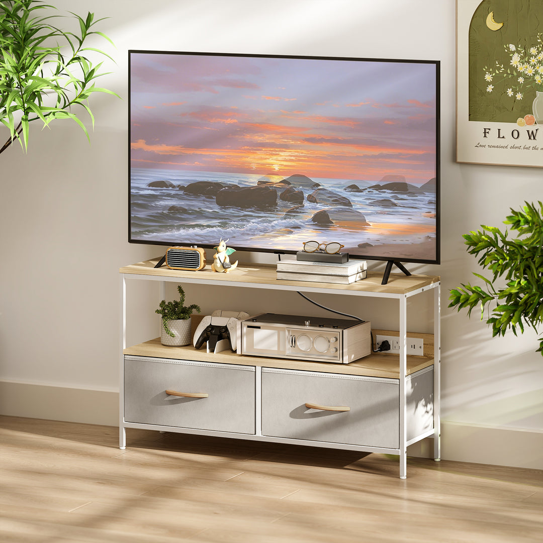 HOMCOM TV Stand with Charging Station, TV Table with 2 Foldable Linen Drawers and Open Shelf for 47 Inch TV, Rustic Brown