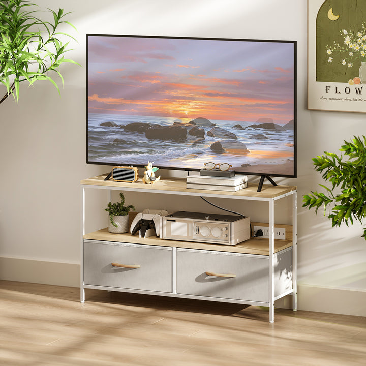 HOMCOM TV Stand with Charging Station, TV Table with 2 Foldable Linen Drawers and Open Shelf for 47 Inch TV, Rustic Brown