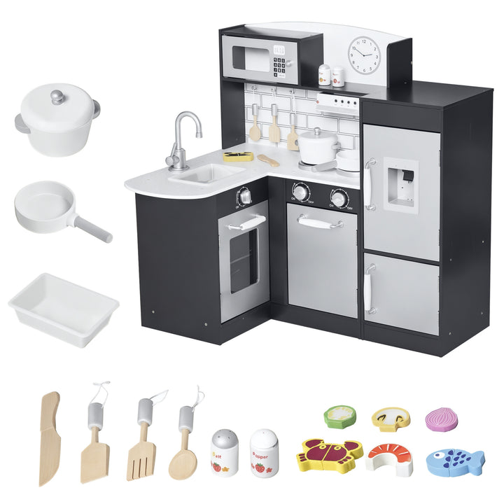 Qaba Kids Kitchen Play Cooking Toy Set for Children with Drinking Fountain, Microwave, Accessories, White