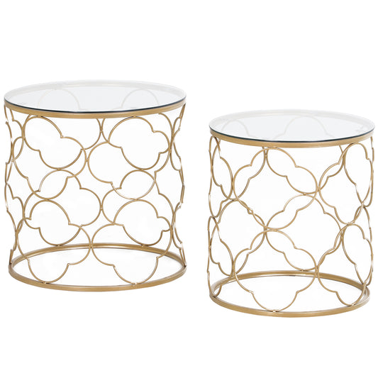 HOMCOM Set of 2 Nesting Table Coffee End Table Set Modern for Living room Furniture Decor Gold Tempered Glass