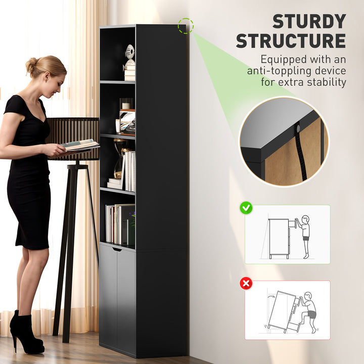 HOMCOM 4-Tier Open Bookshelf with Doors Modern Home Office Bookcase Storage Cabinet for Living Room Bathroom Study, Oak