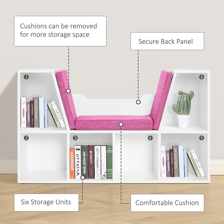 HOMCOM 6-Cubby Bookcase with Seat Cushion, Cube Storage Shelf with Reading Nook for Home Office, Study, Pink
